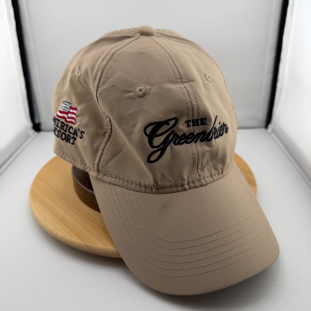 The Greenbrier Americas Resort Ahead Performance Golf Hat Tan Adjustable Mid Fit